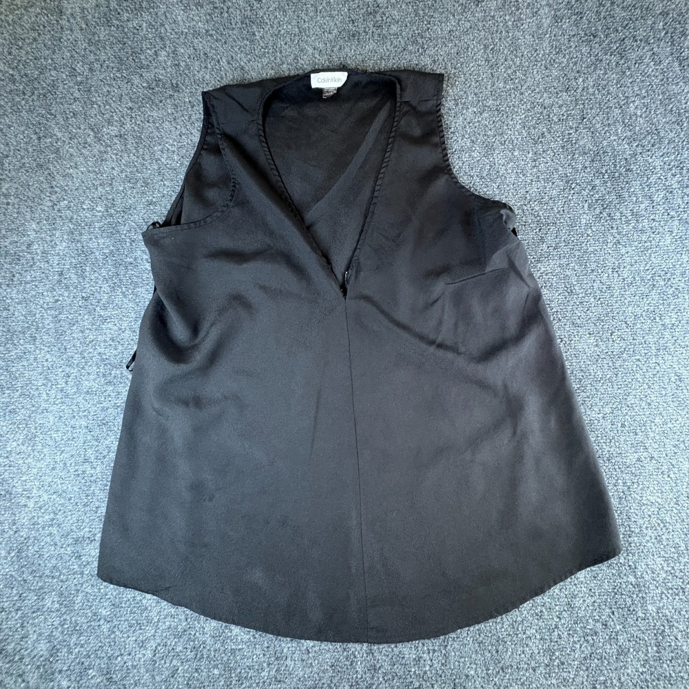Calvin Klein Blouse Top Women L Black V-Neck Sleeveless‎ Curved Hem Casual